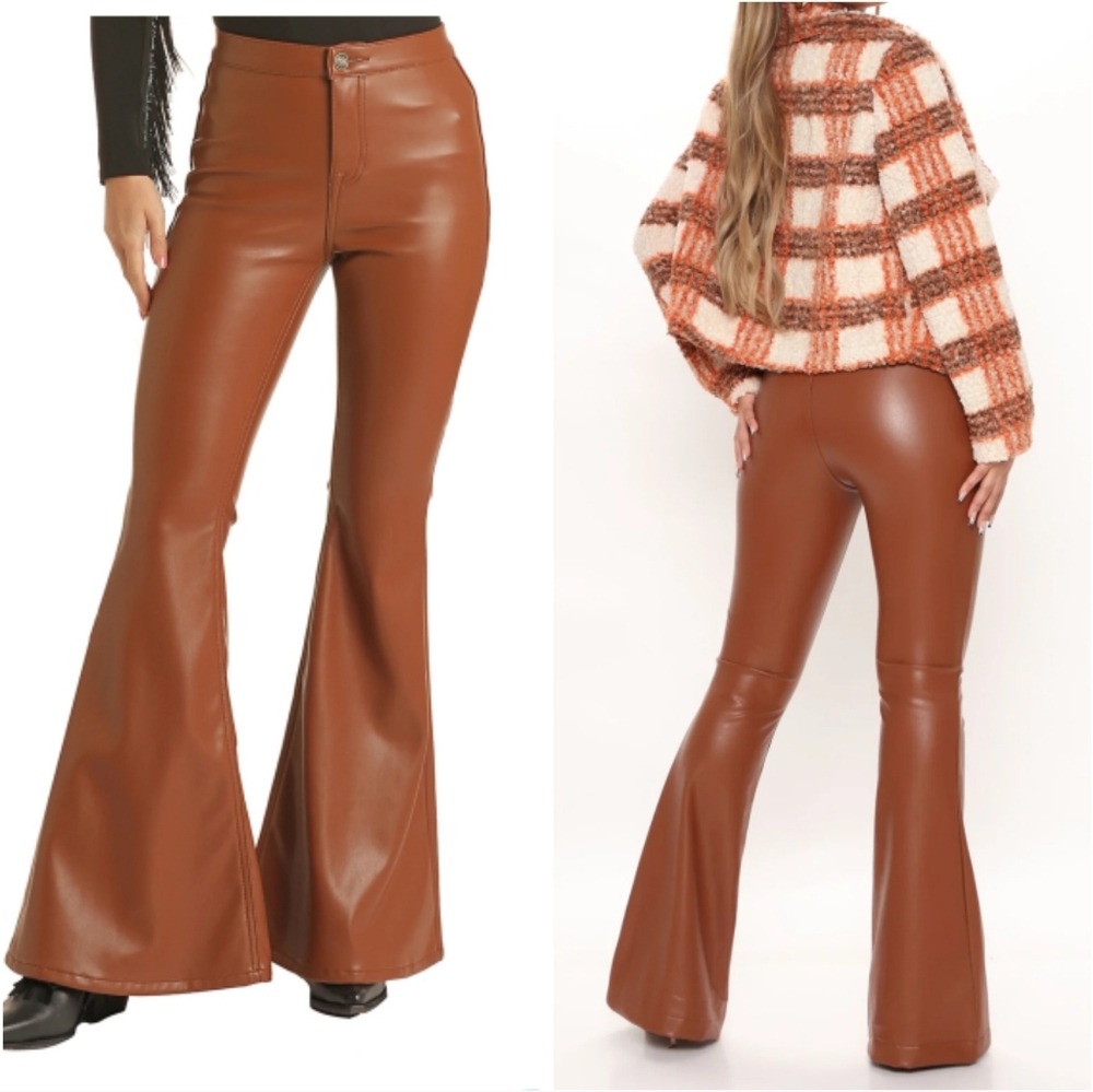 BBJ Los Angeles Wide Leg Flare Vegan Faux Leather Pants NWOT Chestnut High Rise